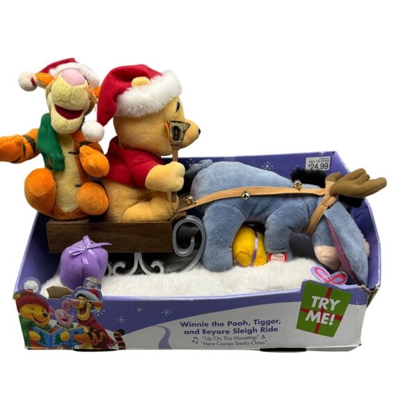 Disney Winnie The Pooh, Tigger Eeyore Sleigh Ride sing animated plush READ NEW